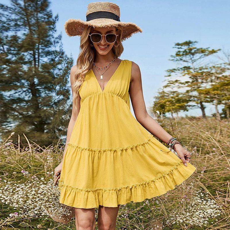 

V-neck Pastoral Style Women s Shoulder Strap Dress Versatile Dress Yellow L