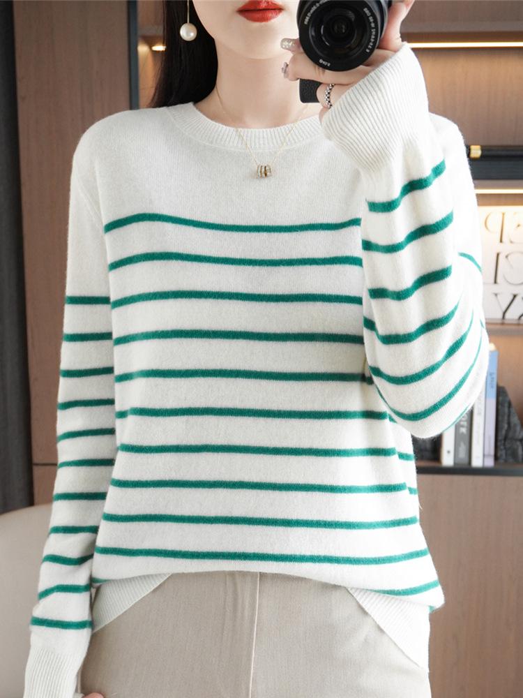 Women's Designer Striped Wool Knit Sweater - Contrasting Colors, Round Neck