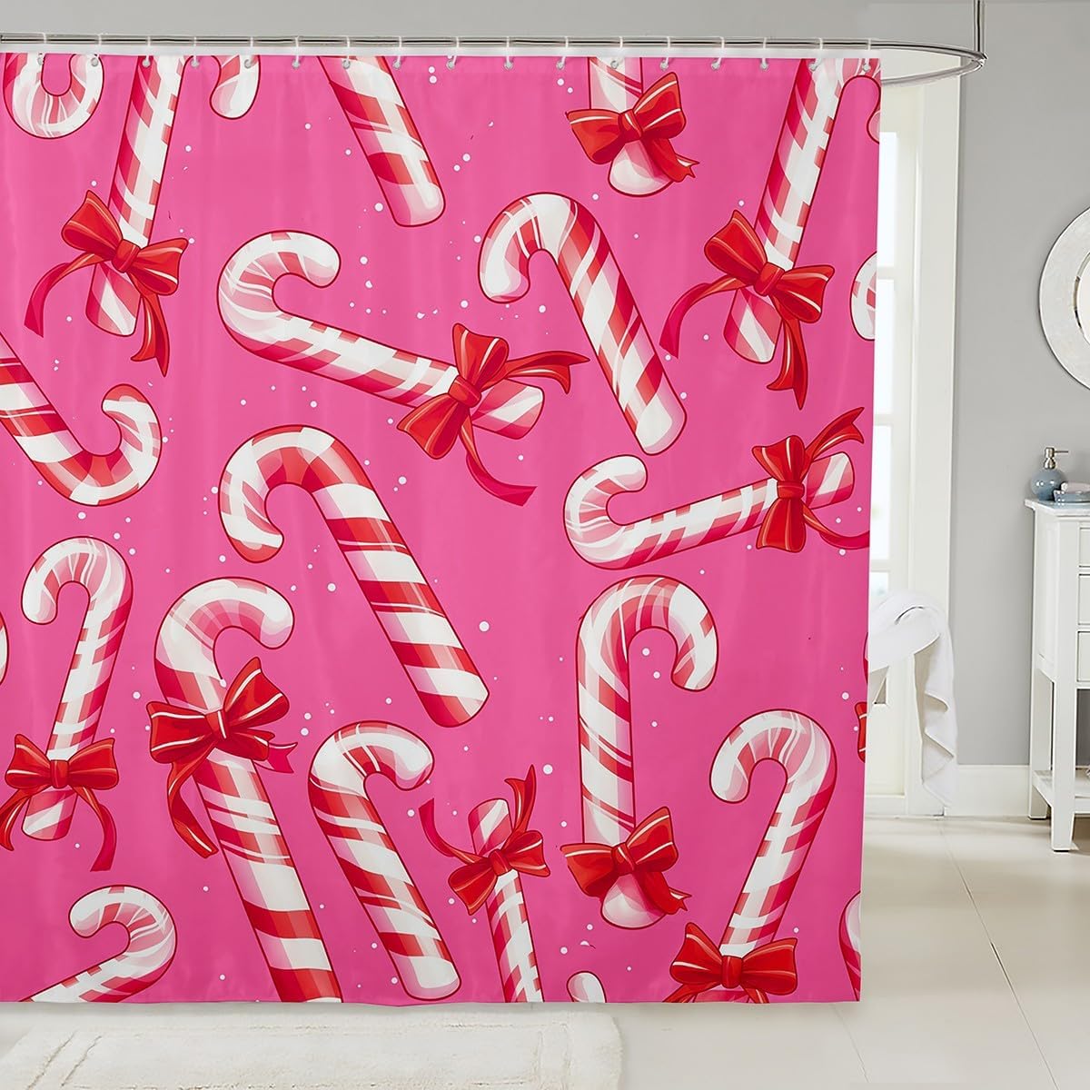 

Pink Candy Cane Christmas Shower Curtain With Red Bowknot & Dots Design, Waterproof Kids Bathtub Decor For Girls Holiday Theme W60H190(CM)-1 Pcs