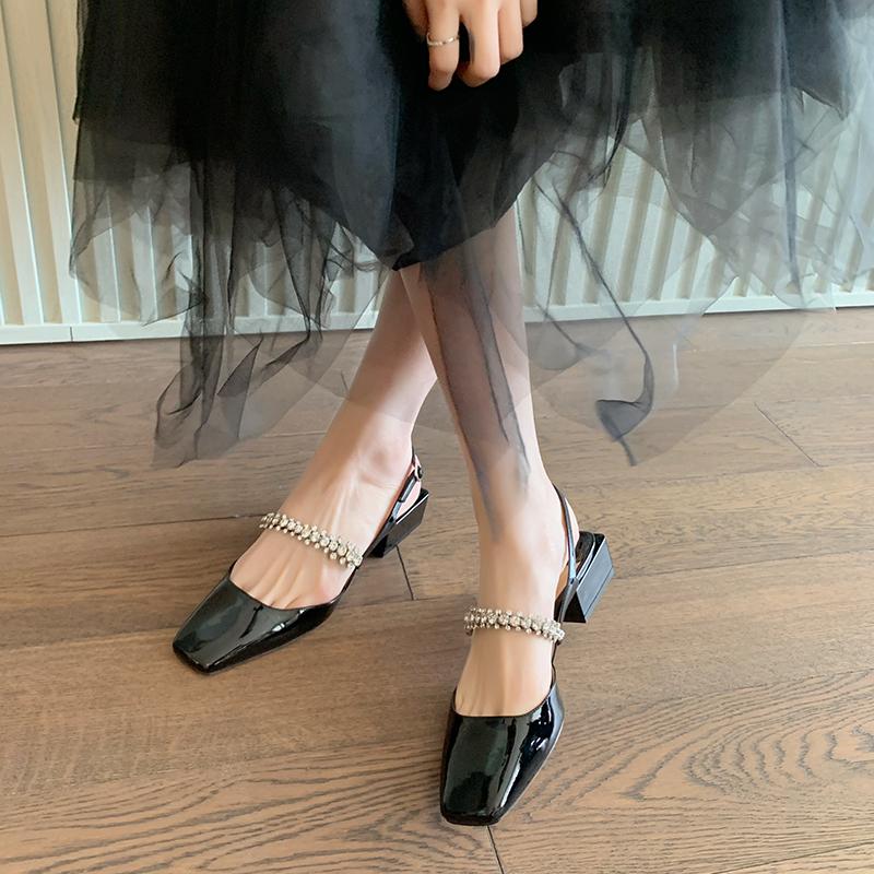 Women's Fashion Rhinestone Sandals 2024 Summer New Mary Jane Thick Heel Square Toe Crystal Ladies Elegance Trend High Heels