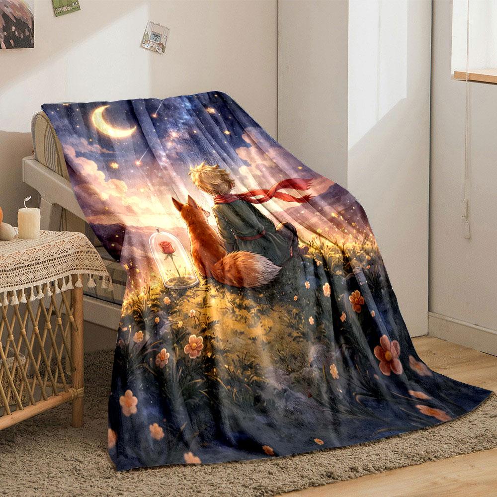A boy and a fox sit on a hill gazing at a starry sky with a crescent moon. for all seasons blanket lunch break throw gift
