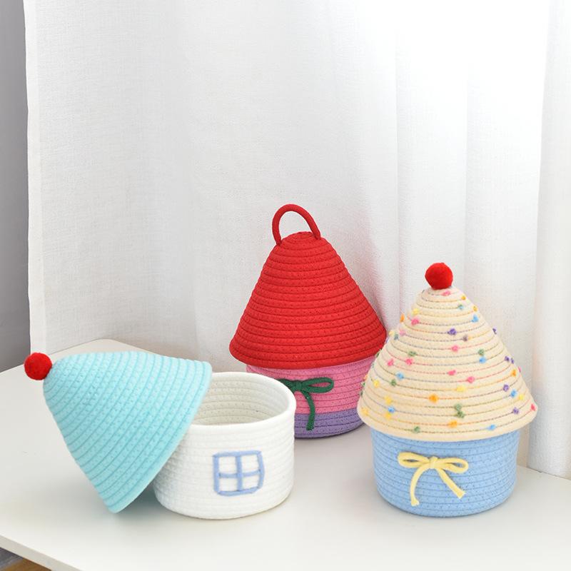 House Shape Cotton Rope Woven Storage Basket with Lid Large Capacity  Cute Bedroom Storage Basket Dustproof Cosmetics Storage