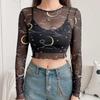 Sexy Mesh Long Sleeve T-shirt Women Perspective Crop Top Stars Moon Print Streetwear