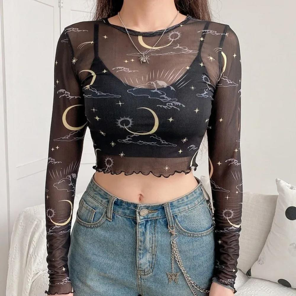 Sexy Mesh Long Sleeve T-shirt Women Perspective Crop Top Stars Moon Print Streetwear