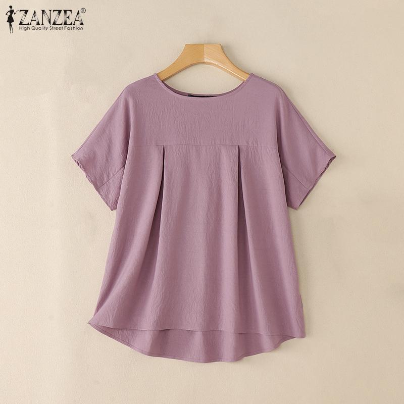ZANZEA Damen Freizeit Rundhals Einfarbig Kurzarm Bluse