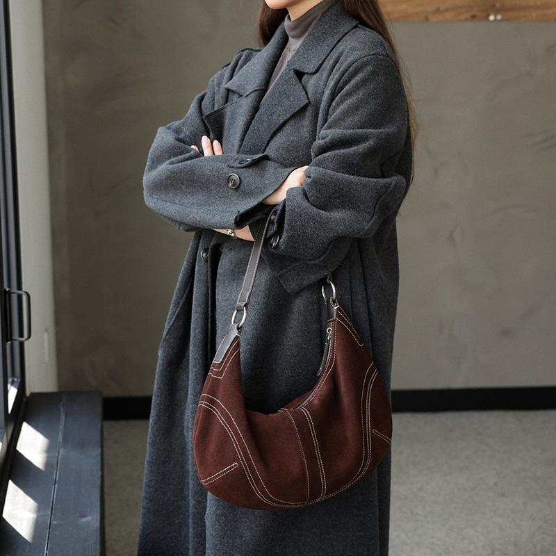 Luxury Women Suede Leather Hobo Shoulder Bag Vintage Half Moon Handbag Cross Body Daily Casual Underarm Purse Genuine Cowhide