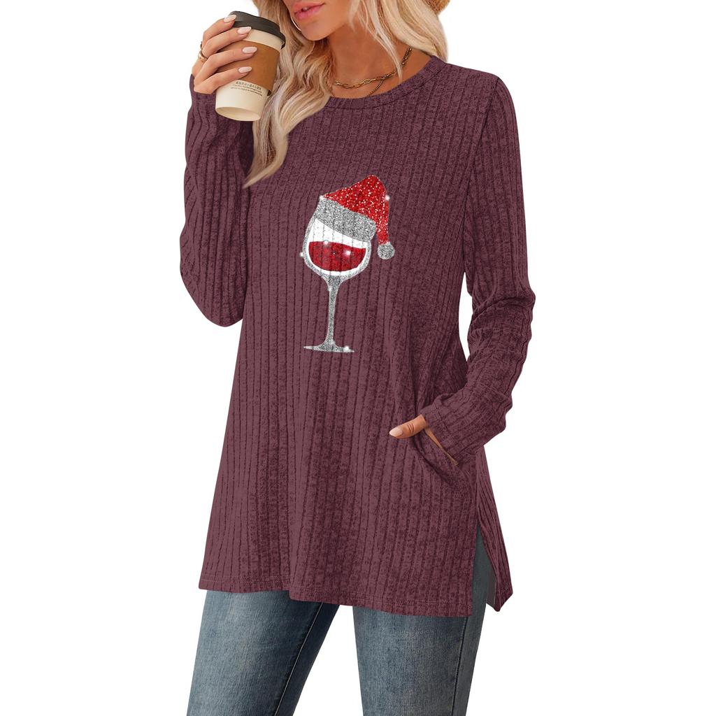 Women's Gradient Printed Round-neck Long-sleeved Top With Pockets And Side Slits