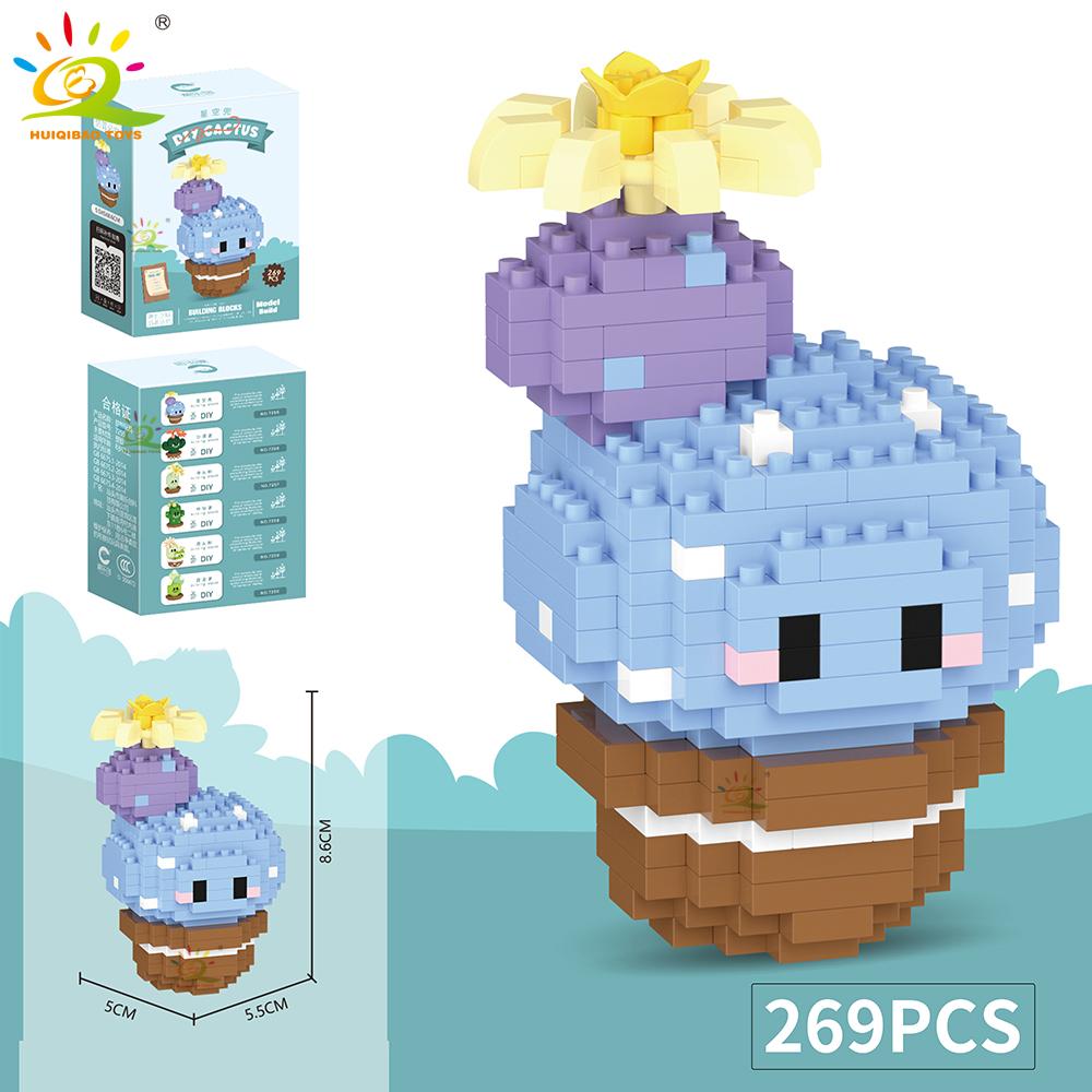 HUIQIBAO Mini MOC Cactus Potted Plant Micro Building Block 3D Diamond Flower Desk Decoration Model Brick DIY Toys for Children