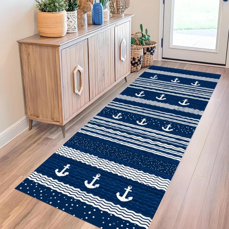 Alfombra Runner de Onda Náutica Ancla Azul Marino Estampado Marino Blanco Alfombra Antideslizante Estilo Costero Entrada Pasillo Dormitorio Decoración del Hogar Alfombra