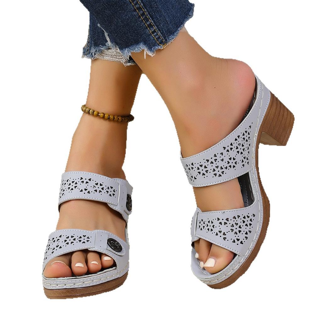 European and American large size hollow PU thick-soled slippers retro car stitching wedge heel light beach cool slippers ebay