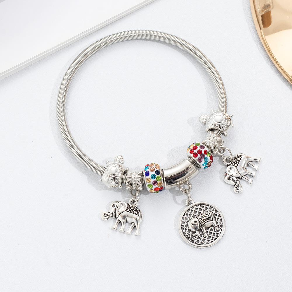 Creative Elephant Charms Bracelet Colorful Rhinestone Bead Silver Color Metal Bracelet For Women
