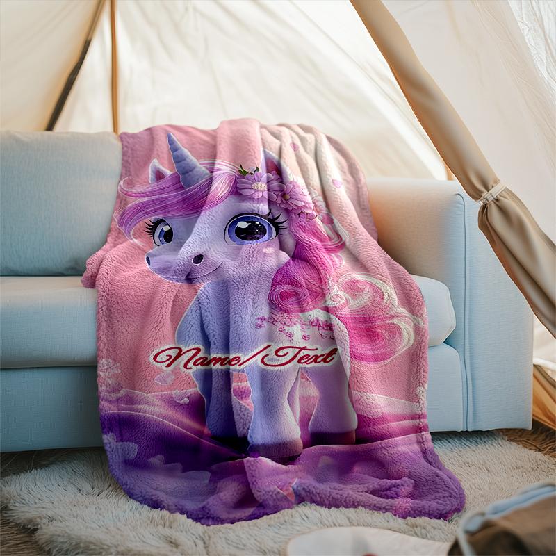 1PC Custom Name Magical Unicorn Fantasy Outdooor Flannel Blankets Throw Blanket All-Season Throw Gift Bedspread for Couch, Bed, Camping Holiday Birthd