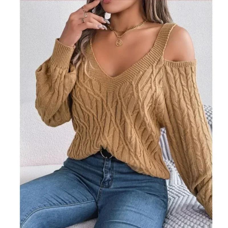Vintage Long Sleeve Knitted Sweater Casual Solid Twist Off-Shoulder Pullover Winter Clothes Fashion Women Clothes Jumper 30105