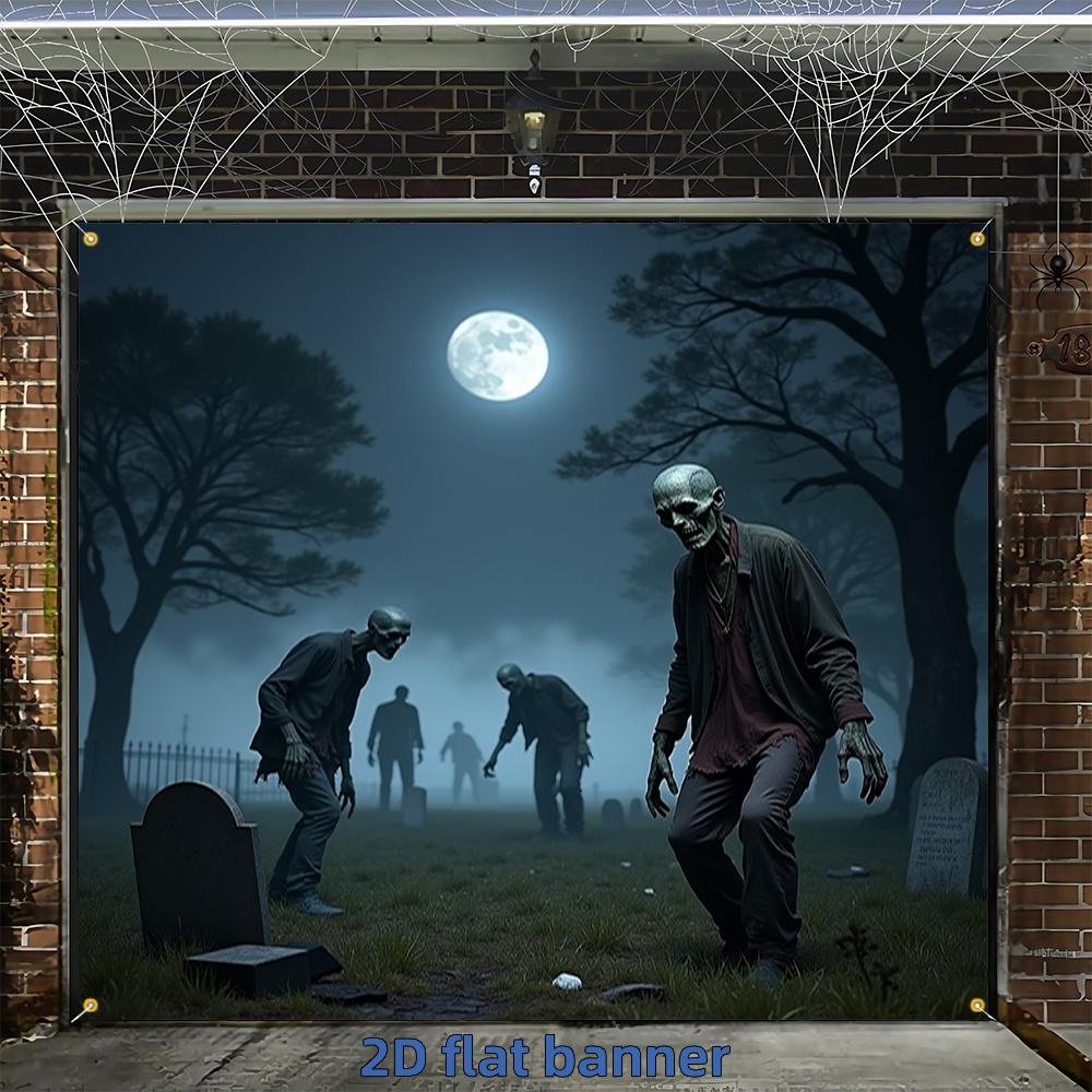 2D flat banner, 1pc Halloween Happy garage door horizontal sign, Halloween background door banner 100x150cm