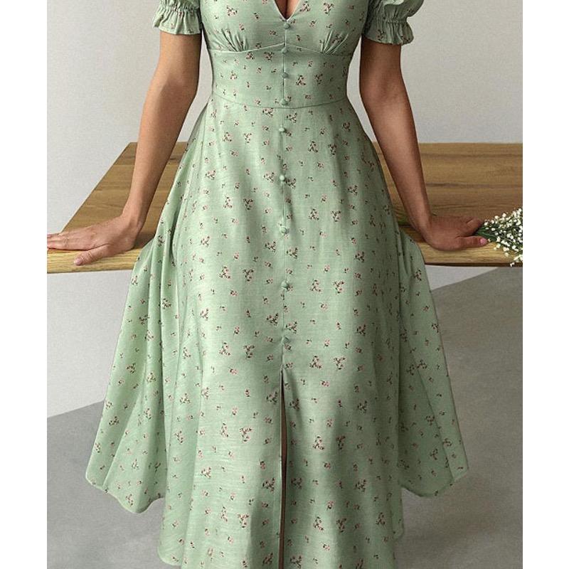 Mid Length Skirt with V-neck Printed Dress