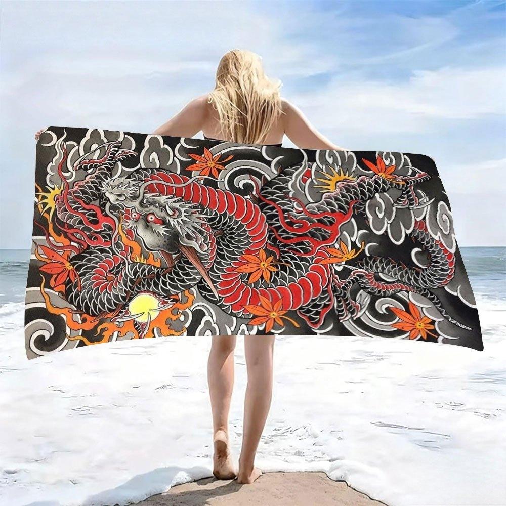 Black and Red Dragon Tattoo High-Definition Digital Print Beach Towel,Perfect Halloween and Christmas Digital Print Beach Towels