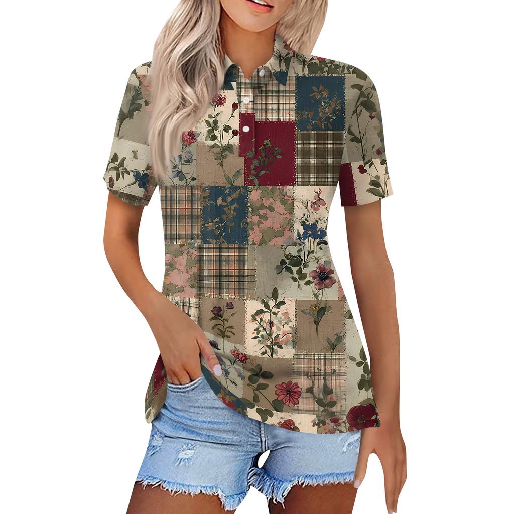 Damenmode Casual Revers Kurzarm Bedrucktes Hemd Damen Button Up Tops