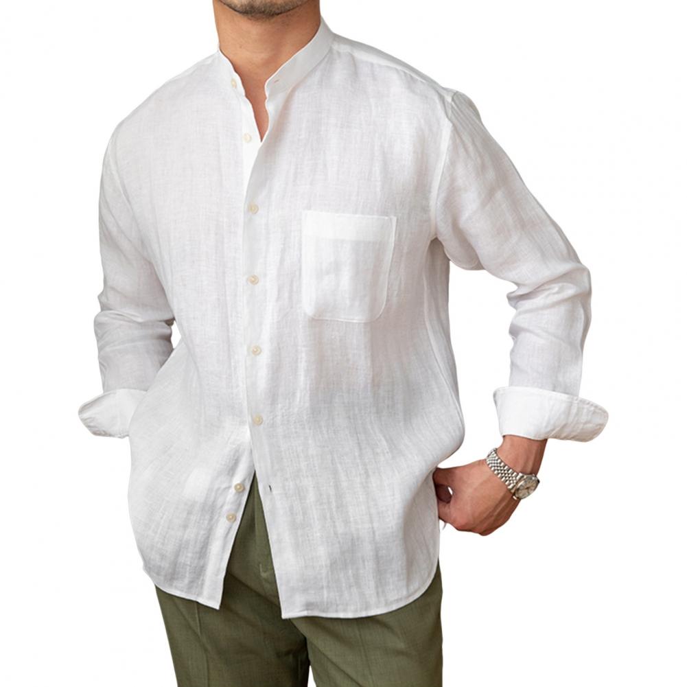 Spring Fall Men Shirt Stand Collar Single-breasted Long Sleeves Buttons Solid Color Cardigan Formal Business Style Office Top