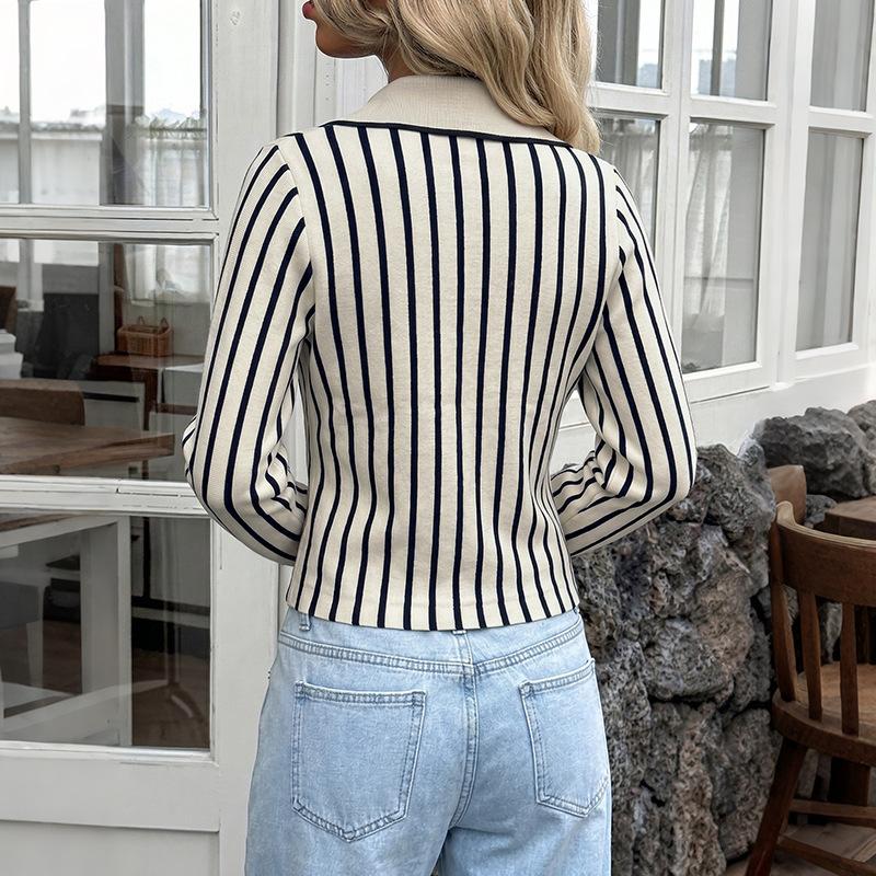 TIFICY Bluzki i koszule damskie w stylu casual, wiosna, jesień, paski, długi rękaw, dekolt POLO