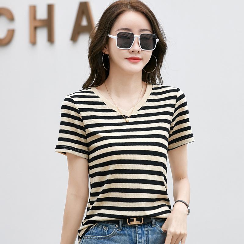 Women's V-neck T-shirt solid color loose short-sleeved striped casual style XS size for summer leisure tops