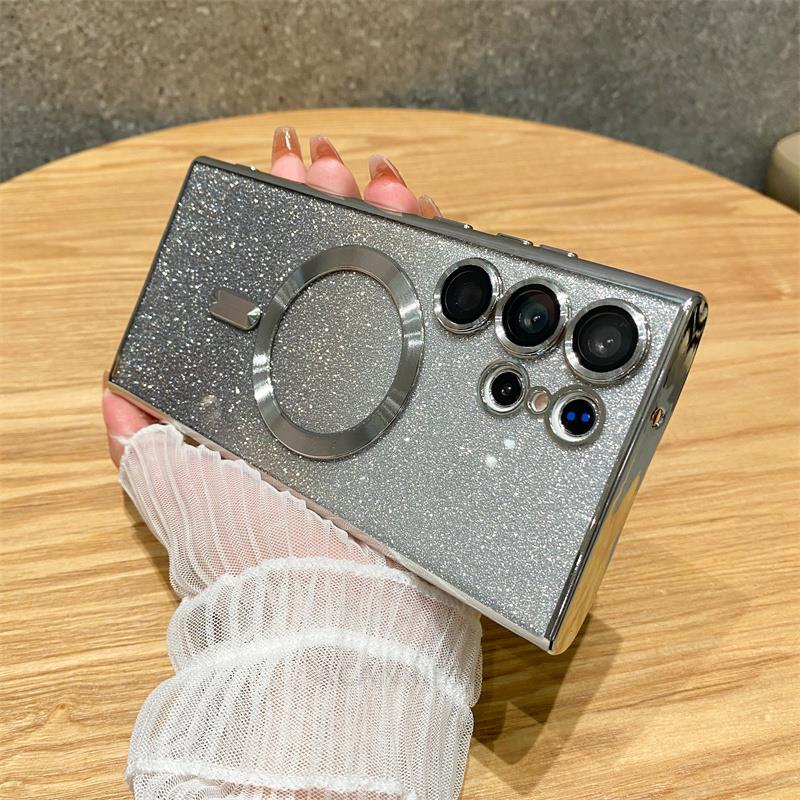 

Магнитный блестящий чехол с градиентом и беспроводной зарядкой для Samsung Galaxy S23 S22 Ultra S21 S20 FE Note 20 Ultra Magsafe, чехол для iphone 15 14 13 12 11 huawei mate60pro серебряный