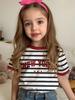 Girls T-Shirts Strawberry Sequin 3D Printed Summer Short Sleeve Tee Stripe Round Neck Loose Tops Streetwear Children's Clothing