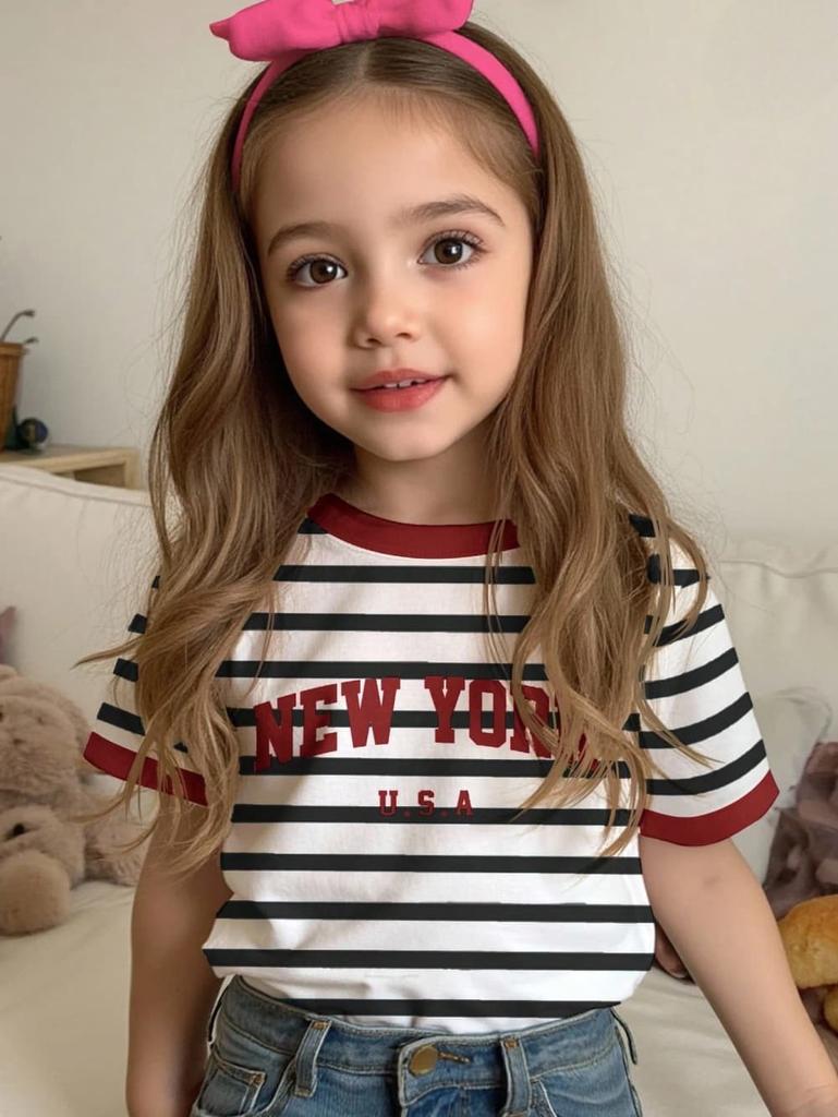Girls T-Shirts Strawberry Sequin 3D Printed Summer Short Sleeve Tee Stripe Round Neck Loose Tops Streetwear Children's Clothing