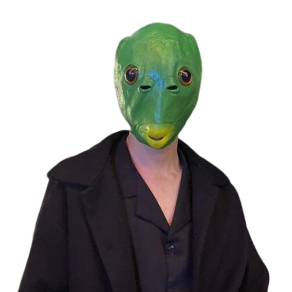 [YFFSFDC] Green Fish Head Mask, Fishman Mask, Funny Animal Mask, Rubber Mask, Halloween Cosplay, Green Head Monster Costume Prop (A)