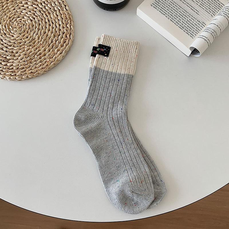 Socks Women'S New Trendy Socks Idea Thick Thread Splicing Cloth Label Cotton Socks Mid-Length Piles