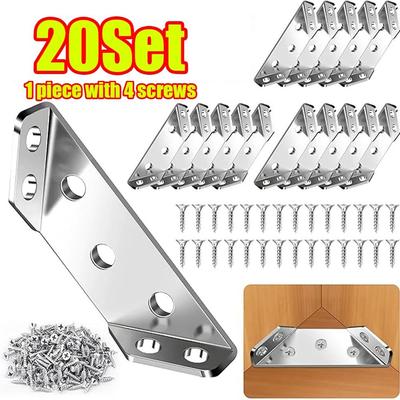 8/20/30Set Furniture Corner Connector Stainless Steel Angle Code for Cabinet Angle Shelf Support Fixed Brace Kits with Screw