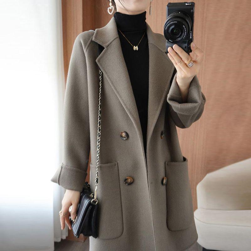 Luksusowy damski dwustronny wełniany płaszcz średniej długości z chenille - Duży rozmiar