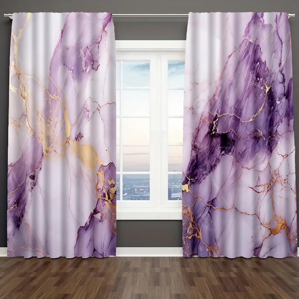 2PC Purple Gold Marble Texture Sheer Curtains - Luxe Modern Stone Print Window Drapes for Living Room Bedroom Decor
