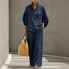 Women'S 2 Piece Linen Outfits Flare Sleeve Pullover Shirt Top And Wide Leg Pants Set Casual Loungewear Vacation Tracksuit