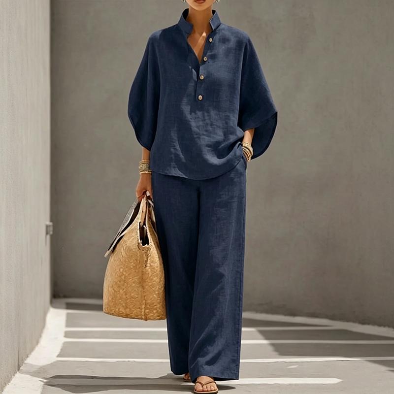Women'S 2 Piece Linen Outfits Flare Sleeve Pullover Shirt Top And Wide Leg Pants Set Casual Loungewear Vacation Tracksuit