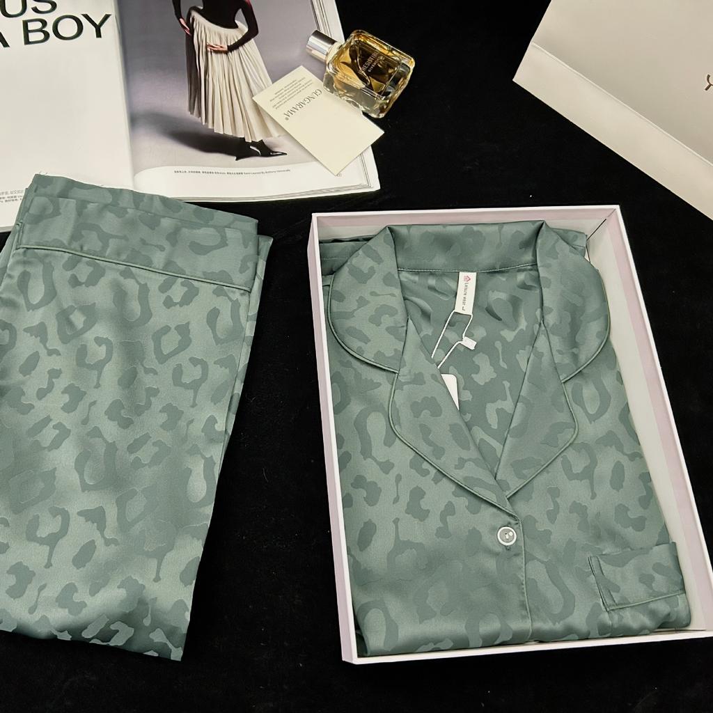 Multi-color leopard print jacquard women's long-sleeved trousers, ice silk pajamas can be large-size loungewear