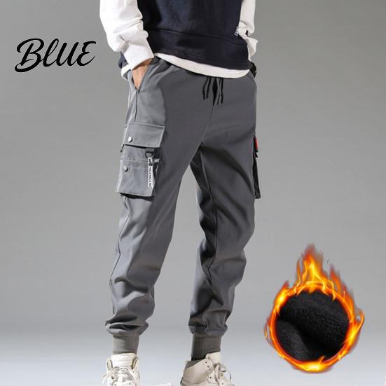 Loose Trousers Men Multiple Pockets Color Elastic Lining Solid Pants Plush Waist Warm Cargo