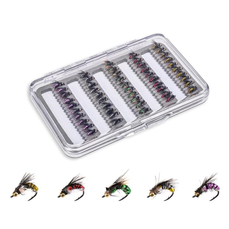 50Pcs/set Fly Fishing Lures Bass Salmon Trout Flies Fishing Tackle Dry/Wet Fishing Feather Baits Fly Fishing Flies Kits