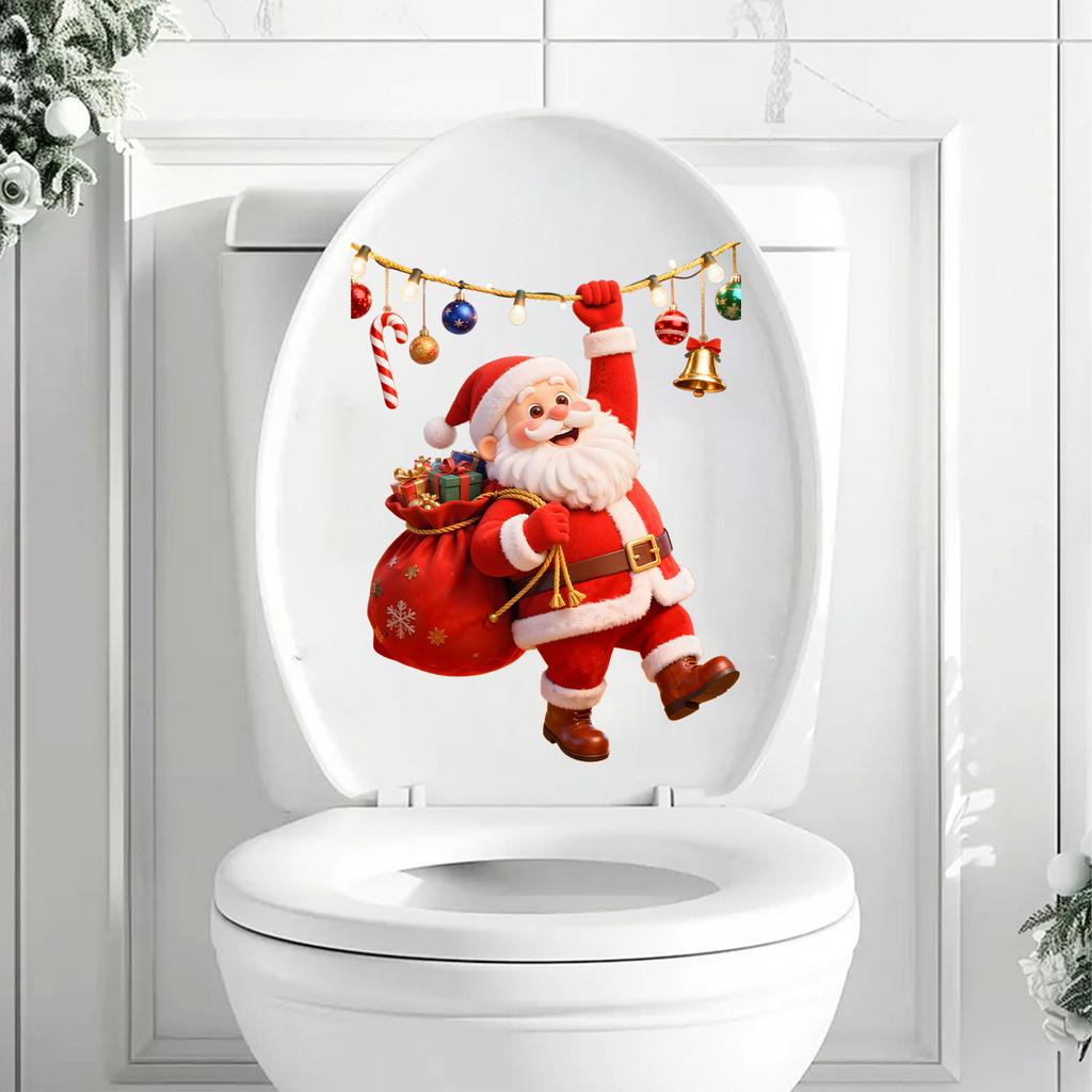 Cute Cartoon Santa Claus Toilet Cover Sticker for Bathroom and Shower Stall Decoration Sticker