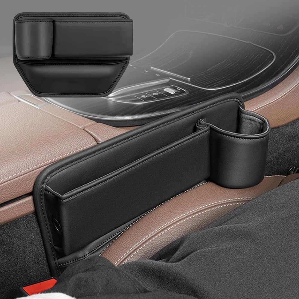 2-częściowy organizer wypełniający szczeliny w siedzeniach samochodowych z uchwytem na kubek samochodowy, skórzany wypełniacz szczelin w siedzeniach samochodowych utrzymuje wnętrze samochodu w czystości, wielofunkcyjny uniwersalny przód samochodu