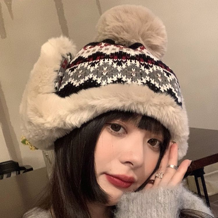 Japanese Ethnic Wind Wool Hat Women'S Autumn And Winter Lei Feng Hat Travel Skiing Ear Protection Knitted Hat Plush Thickened Warm
