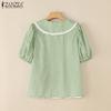 ZANZEA Women Casual Turn Down Collar Summer Short Sleeve Grid Blouse