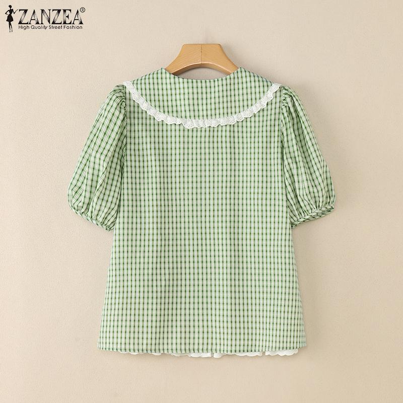 ZANZEA Women Casual Turn Down Collar Summer Short Sleeve Grid Blouse