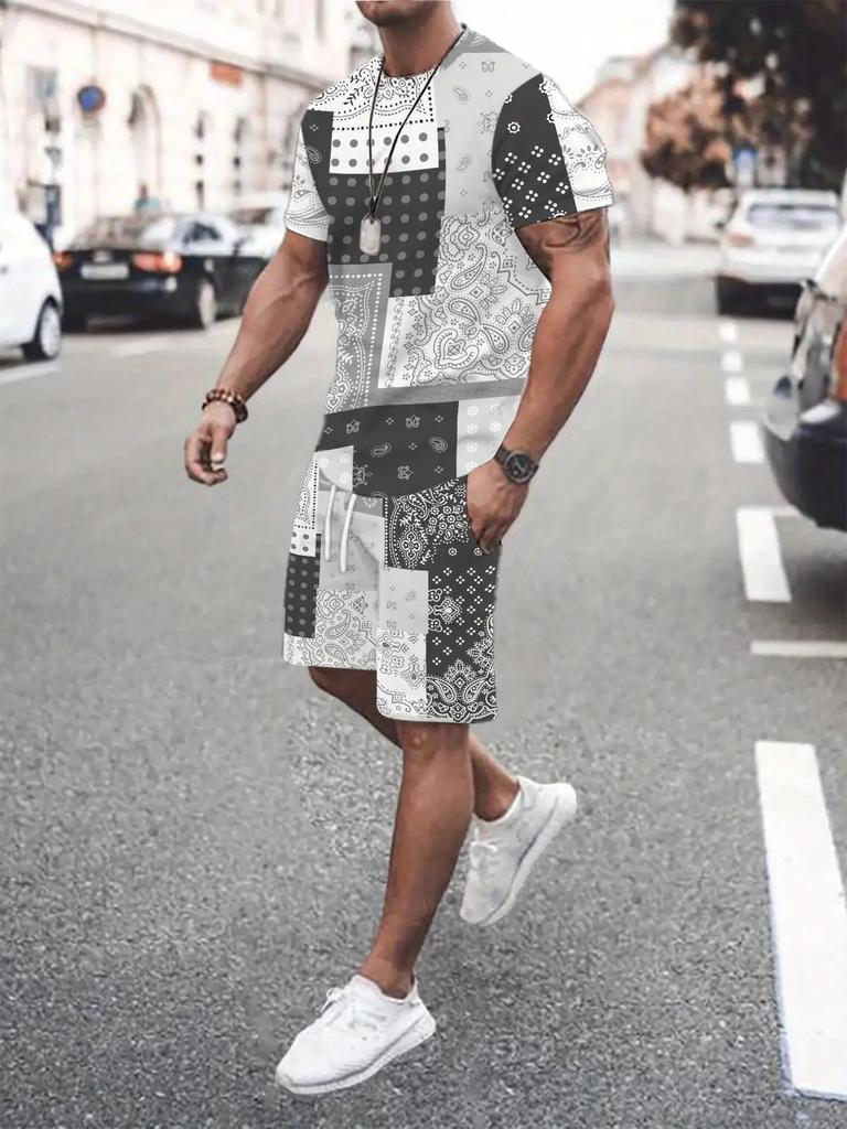 Plus Size Men 3D Print Round Neck T-Shirt Drawstring Shorts Set