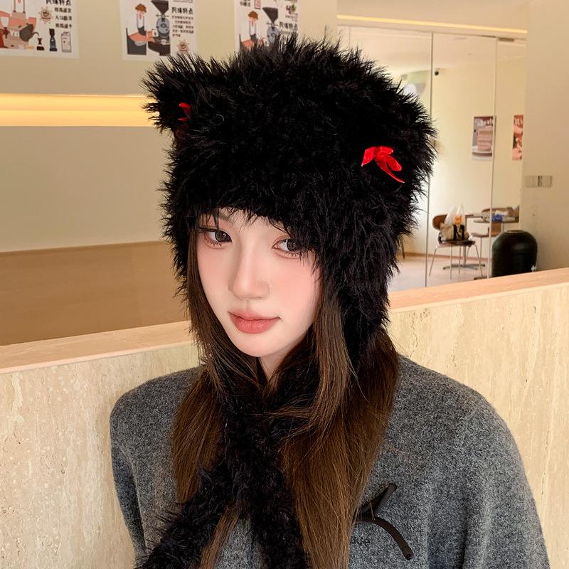 New Cute Cat Ear Hat Bow Plush Hat Winter Ear Protection Cold Warm Hat Versatile Knitted Hat Women's Hat