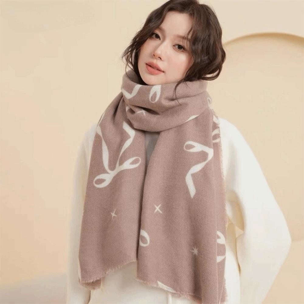 Printed Bow Wool Scarf Thicken Women Cashmere Shawl Temperament Winter Cashmere Scarves Female