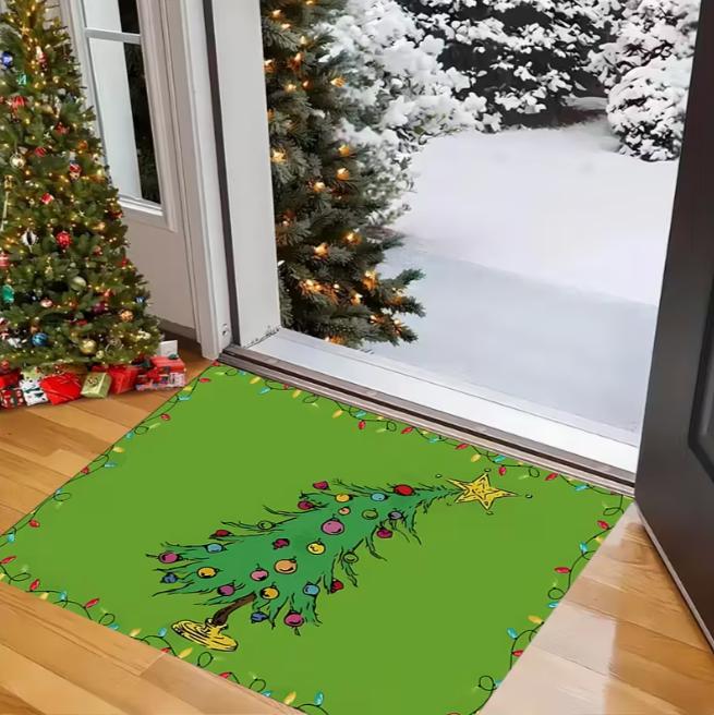 Black Background Doormat With Five Love Trees Dancing In The Sky A Snowflake Christmas Mat Carpet Creative Mat Home Decoration