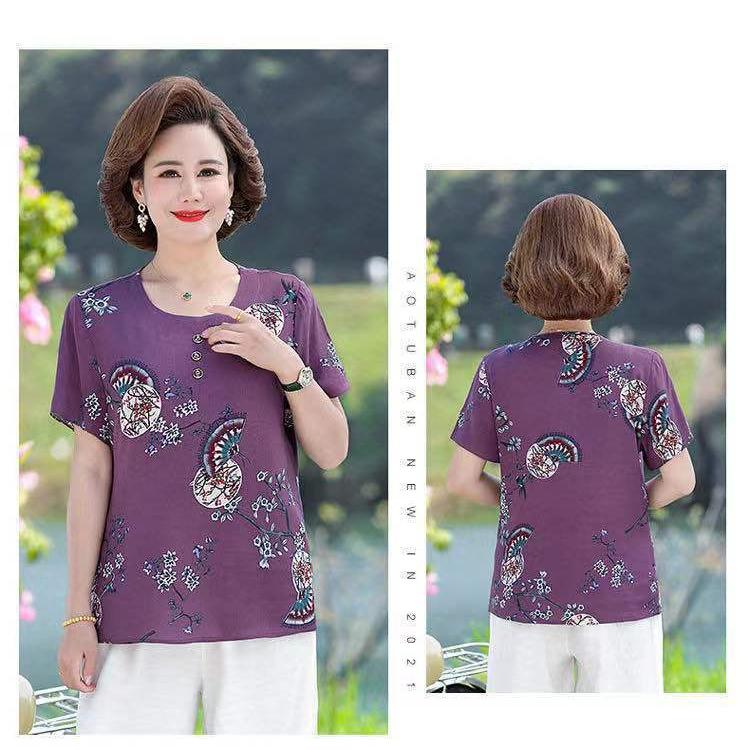 Dámské krátkorukávové s velkým potiskem Ledové hedvábí Krátkorukávové Volné Velké Velikosti Top Trhané Květiny Sto Triček