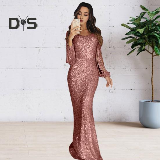 Women Prom Dress Tassel Sleeves Sheath Slim Fit V Neck Solid Color Sequin Fishtail Hem Evening Dress Cocktail Party Maxi Dress
