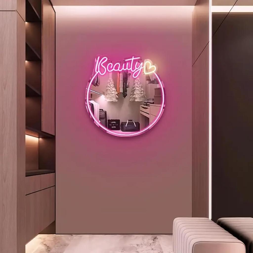 Beauty Neon Mirror Sign for Wall Decor USB Powered LED Pink Neon Light Heart Neon Light Signs for Girl's Room Bedroom Salon Decor Wedding Birthday