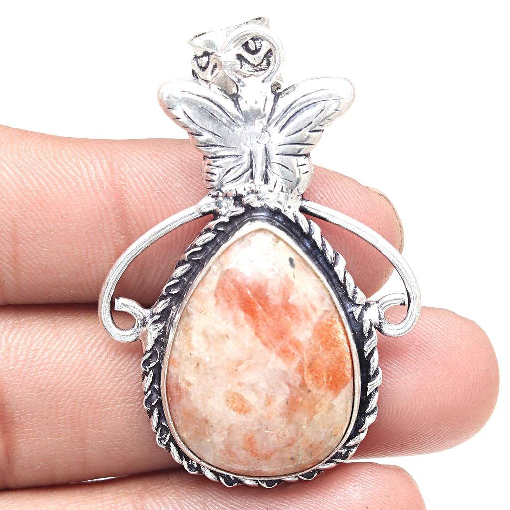 Anhänger Sonnenstein Edelstein Handgefertigt Geschenk Für Sie Ethnisch Silberschmuck 2,25"